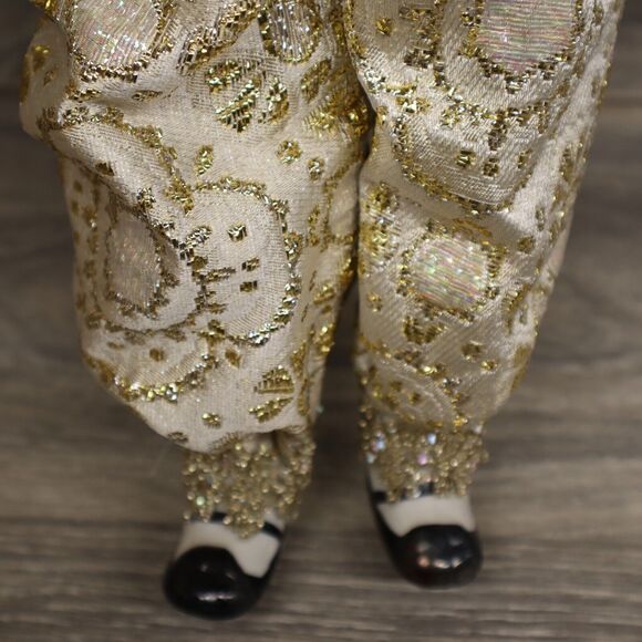 Vintage Victorian Court Jester Porcelain Clown Doll Black Gold Glitter Fuzzy - Picture 4 of 10